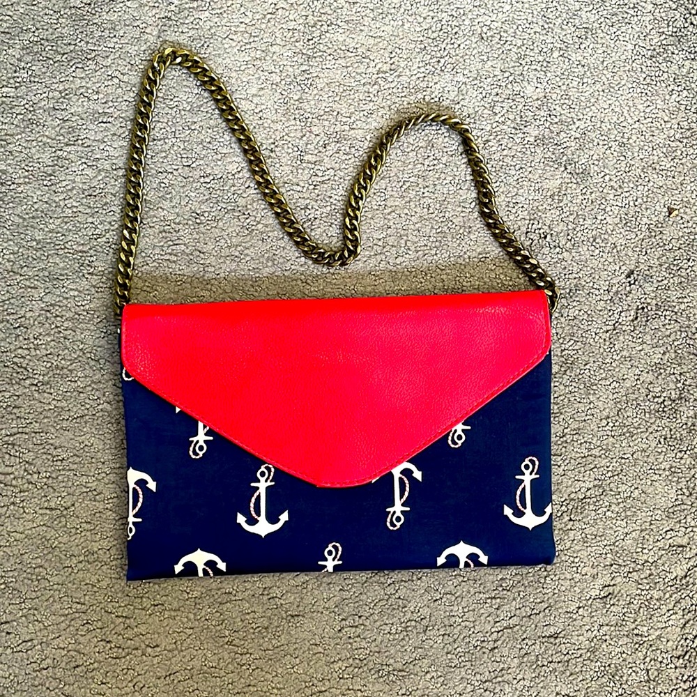 J Crew mint condition vintage envelope purse - red leather and anchor fabric